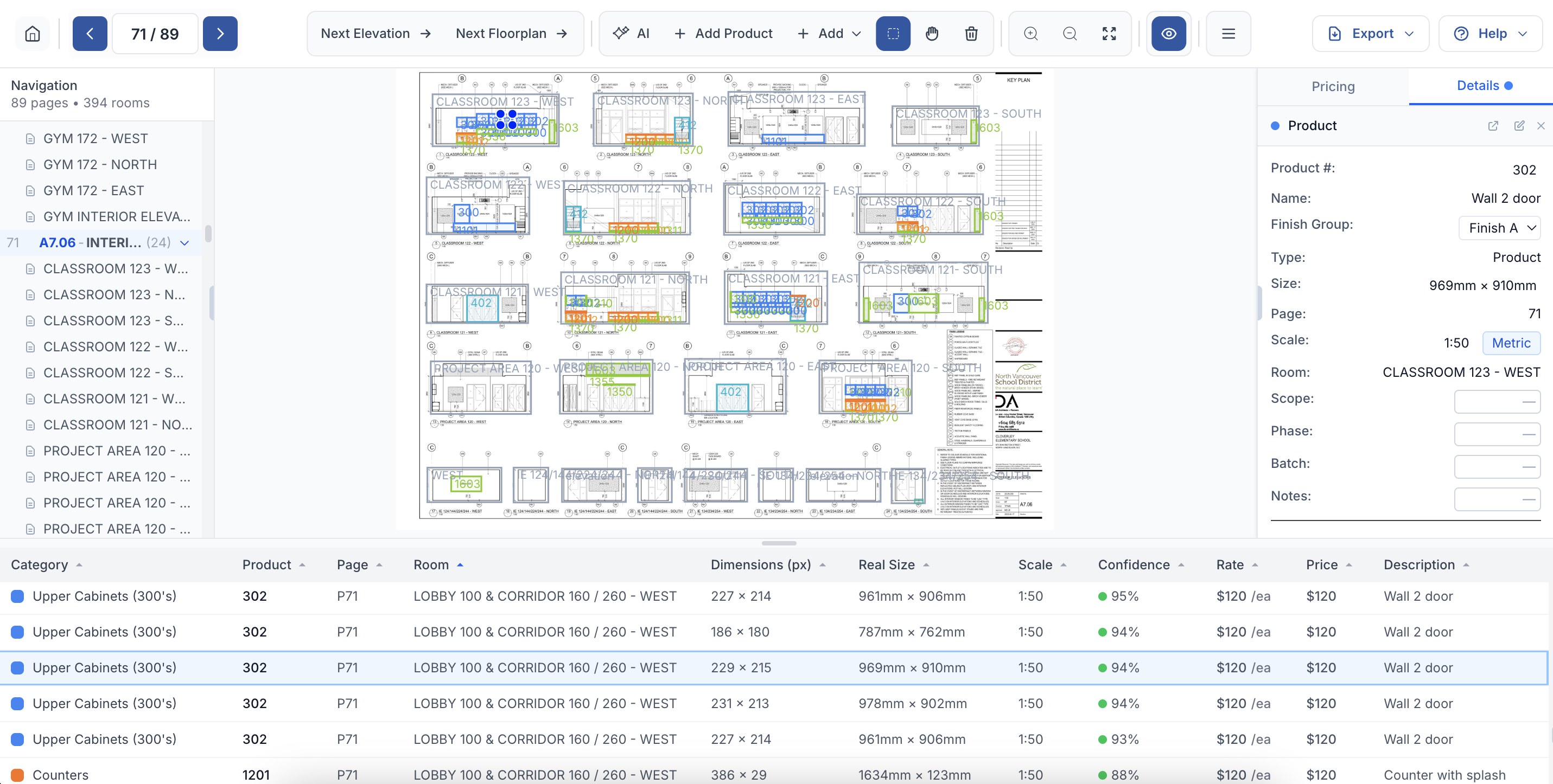 TakeoffBot dashboard UI showing millwork estimating interface