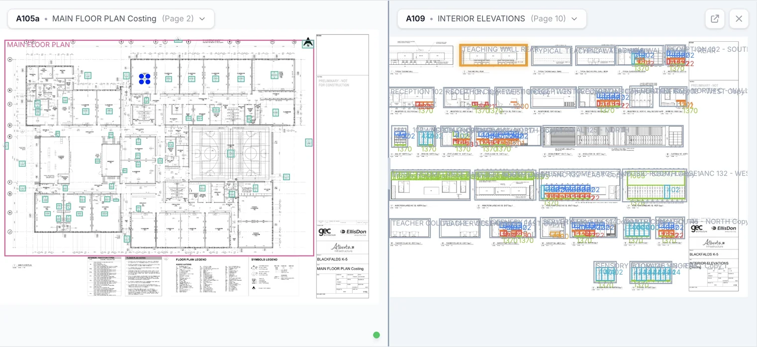 TakeoffBOT linking a floor plan to the interior elevations it calls out, with casework and millwork tagged on each elevation for estimator review